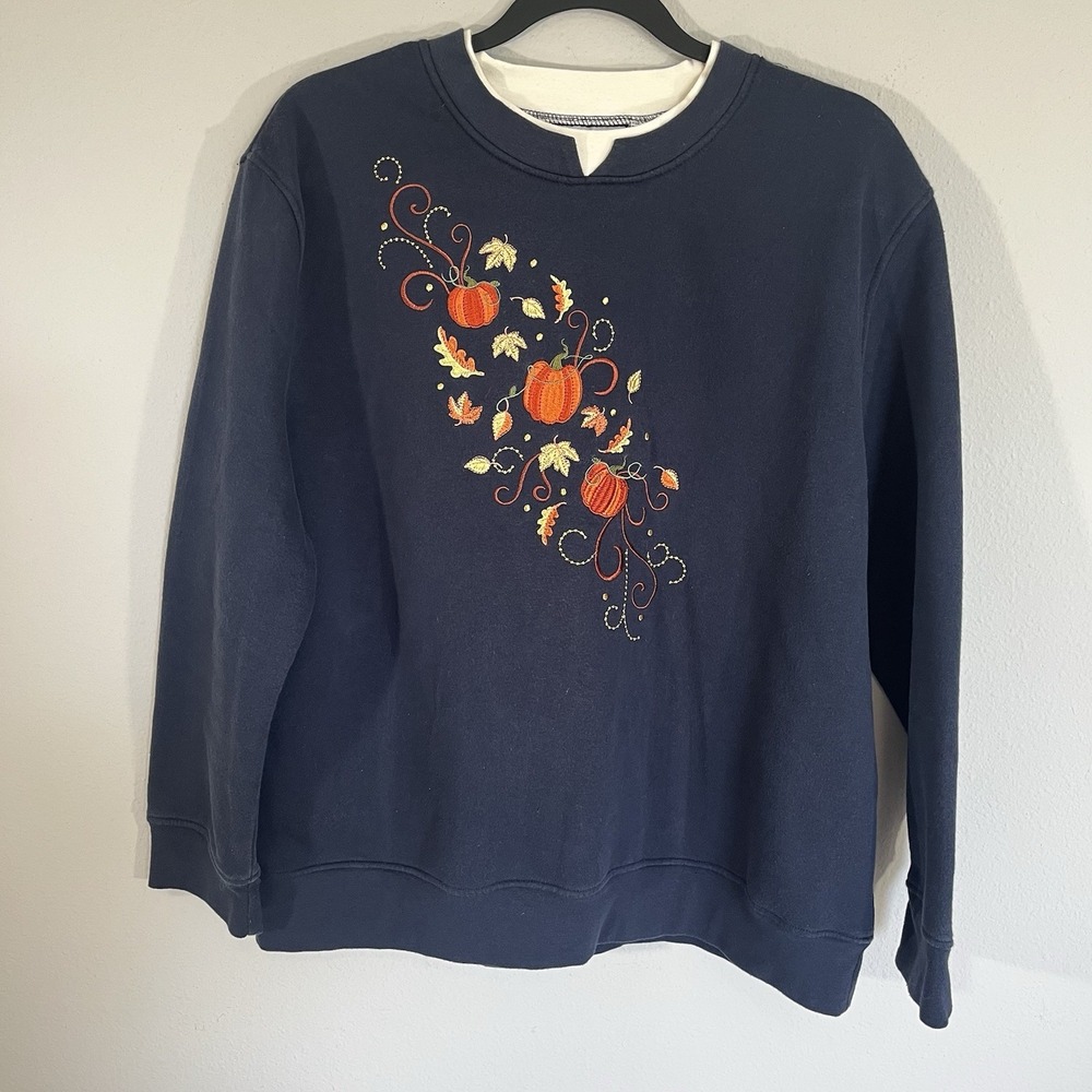 Speculation Double Collar Sweatshirt Size XL Grandmacore Navy Pumpkin VTG 90s